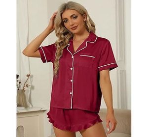 Ensemble de pyjama rose pour femmes, manches courtes, col rabattu, taille élastique, fermeture à boutons, vêtements de nuit décontractés, style été, spandex/coton - Product Image 5