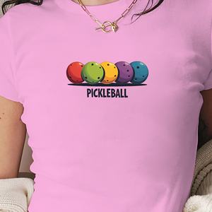 T-shirt court ajusté pour femme, style Y2K, imprimé balles de pickleball, en tissu tricoté, col rond, Spandex/Polyester, transfert thermique - Product Image 2