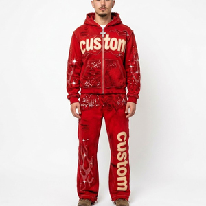 Vintage Washed Custom Logo Hoodie <b>Tracksuit</b> Set Distressed Streetwear Zip Up Jacket Wide Leg Pants Co-Ord Set - Product Image 5