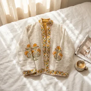 Block Print <b>Womens</b> White Embroidered Floral Mandarin Collar Jacket Open Front Prairie Chic <b>Spring</b> <b>Coat</b> - Product Image 3