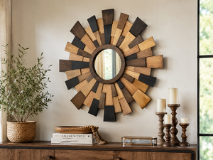 Handmade Rustic Farmhouse Bohemian Modern Rustic 4mm Thick Wooden Sunburst Decorative Wall <b>Mirror</b> for Living Room Bedroom Home - Product Image 4