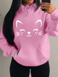 <b>Women's</b> Burgundy Hooded <b>Sweatshirt</b> Cartoon Cat Face Print Full Sleeve Knitted Oversized Casual Autumn Wear - Product Image 3
