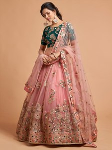 Pink Long <b>Net</b> Lehenga Choli Set with Real Mirror Work and Sequences Embroidery for Indian Wedding Dress for Women - Product Image 2