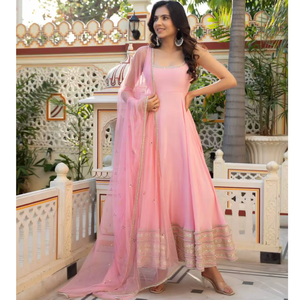 Moti Dori Natural Crepe Anarkali Dress With Mirror Work Georgette Veil And Cotton Pant Heritage Style Festive Ensemble - Product Image 1