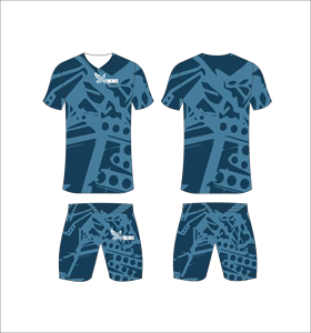 Ferocious Custom Sublimated Soccer Jersey and Shorts Set <b>Men</b> <b>s</b> <b>V</b> <b>Neck</b> Moisture Wicking Athletic Wear Blue Geometric Pattern - Product Image 1