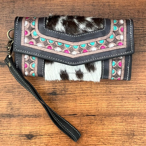 Belle conception usinée à la main sculpture portefeuille pochette élégant portefeuille en cuir de fourrure de vachette multi-usages portefeuilles en cuir occidental - Product Image 2