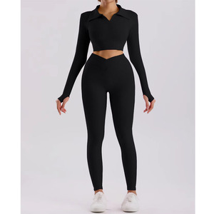Ensemble de yoga 2 pièces pour femme, respirant, sans couture, en Spandex et Nylon, avec logo personnalisé, pour le sport et le fitness, effet push-up fessier, vente chaude - Product Image 1