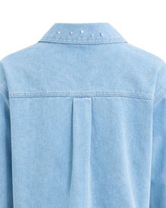 Veste en jean courte bleu clair personnalisée pour femme avec boutons ornés de strass, manches longues, style décontracté et tendance - Product Image 6