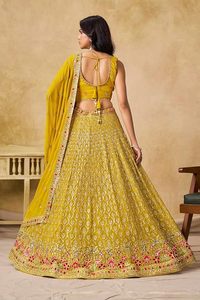 Custom <b>Women</b> Indian Traditional Haldi Wear Georgette Flared <b>Lehenga</b> Choli Heavy Resham Sequins Work Sleeveless Blouse Ready - Product Image 3