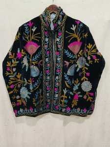 Hand Embroidered <b>Velvet</b> <b>Jacket</b> Mandarin Collar Full Sleeve Floral Pattern Autumn Women's Coat - Product Image 1