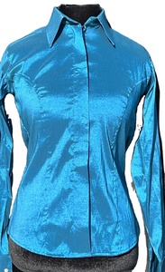 Vaquera hecha a mano Western Show Shirt en tejido de tafetán elástico océano - Product Image 4