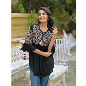 Tunique d'été confortable pour femme, best-seller, en coton noir brodé, à ourlet incurvé, élégante, disponible au meilleur prix - Product Image 1