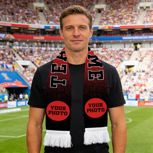 Écharpe de sport longue pour supporters de football avec design personnalisé (nom et photo), rouge, noir, blanc, bord frangé, en acrylique. - Product Image 6