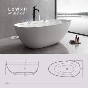 Bañera Independiente de Resina de Piedra, 67\" X 33.5\" X 22.05\", Blanca Mate Suave, Antideslizante, con Fondo Plano y Características Antideslizantes - Product Image 3