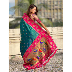 Green Soft Silk Lotus Paithani Saree <b>Indian</b> & <b>Pakistani</b> <b>Clothing</b> Elite Weaves 650g - Product Image 4
