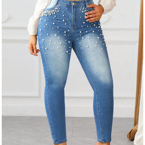 Nuevos Jeans de Mezclilla de Cintura Alta y Pierna Ancha para Mujer, con Adornos de Perlas en Toda la Superficie, para un Estilo Chic y Moderno a Bajo Precio - Product Image 3