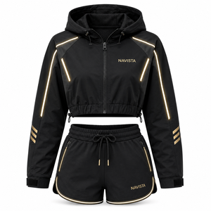 Navista Women's 2 Piece Solid Zipper Streetwear Hoodie Shorts Set Black Crop <b>Top</b> Drawstring Sweatshorts Casual Sportswear All - Product Image 3