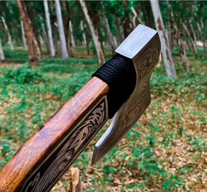 Handcrafted Carbon Steel Camp Hatchet with Engraved Wooden <b>Handle</b> & Genuine Leather Sheath | Outdoor Collection | OEM Manufactur - Product Image 3