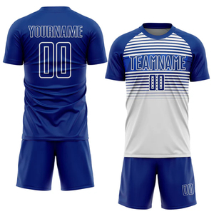 Kit de football personnalisé par sublimation, motif rayé bleu, tissu léger 180 GSM, ensemble personnalisé avec nom et numéro d'équipe - Product Image 1