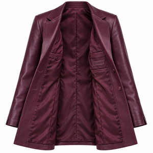 Longline Plum Leather Blazer <b>Coat</b> <b>Womens</b> Notch Lapel Double Button Slanted Pocket Outerwear Custom Made Service Provider - Product Image 5
