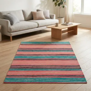 Alfombra HILTEX Moderna de Tejido Plano con Diseño de Rayas, Base de Látex Delgada, Rectangular, Hecha a Mano, Lavable, de Algodón para el Hogar - Product Image 1