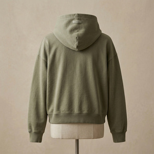 Sweat-shirt unisexe vert olive à capuche zippé, coupe régulière, en molleton tricoté uni, 100 % coton, hiver, brodé - Product Image 4