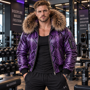 <b>Men's</b> Embossed Python Leather Breathable <b>Summer</b> Bomber <b>Jacket</b> with Plaid Pattern | LEATHER SPOT - Product Image 4