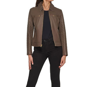 Wholesale Custom Size <b>Racer</b> <b>Jacket</b> Street Style Casual Brown Color Turn Down Collar Custom Design Winter Front Zipper <b>Jackets</b> - Product Image 2