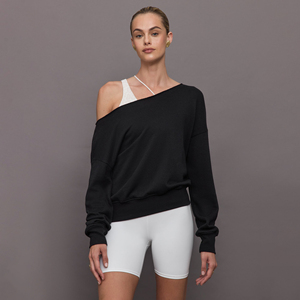 Women's Black Asymmetric <b>Off</b> <b>Shoulder</b> Oversized <b>Sweatshirt</b> Full Sleeve Knitted Solid Color Casual Pullover Autumn Wear - Product Image 2