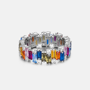 Eternity Band Ring 925 Silver Moissanite Emerald Cut Geometric Prong Setting Unisex Luxury <b>Rainbow</b> Color - Product Image 3