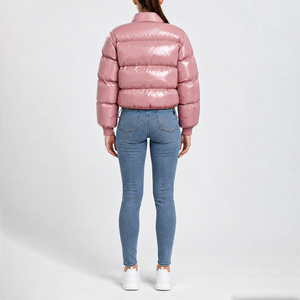 Veste matelassée courte pour femme, mode hiver streetwear, rose brillant, résistante à l'eau, col montant, ourlet à cordon de serrage, style bulle - Product Image 2