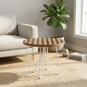 Wooden Iron <b>Painted</b> Round Coffee <b>Table</b> with Checkerboard Top and White Metal Legs Living Room Furniture - Product Image 6