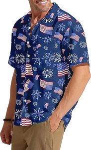 Chemise hawaïenne à étoiles et rayures patriotiques pour hommes, haut décontracté pour les vacances d'été - Product Image 2