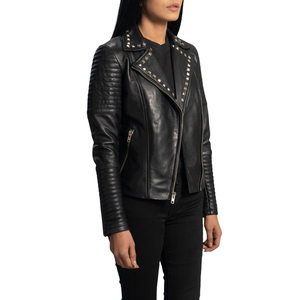 Chaqueta de Motociclista de Cuero Genuino Negro para Mujer, con Cierre de Cremallera y Tachuelas - Product Image 2