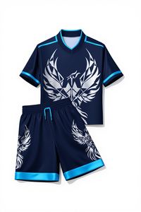 <b>Navy</b> Blue Boxing <b>Set</b> With Silver Wings Design Polyester Breathable Training Wear All Seasons Shorts And Top - Product Image 1