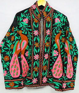 Artisanal Handworked TNT <b>Fabric</b> Jacket | Luxury Peacock Embroidery Unisex Bomber - Product Image 1