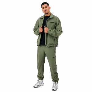 Men's Olive Green Tracksuit Set Full Zip Jacket Jogger Pants Breathable Casual Style Autumn Wear Regular Fit Solid Color - Product Image 1