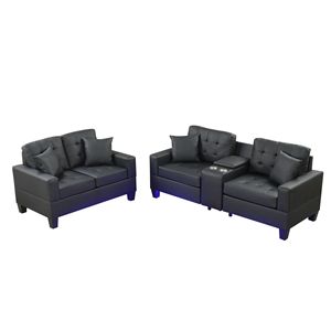Genesis Tufted Loveseat and Sofa Set <b>Black</b> PVC Fabric with LED Lights USB Charger Storage <b>Console</b> Cupholders-for Living Room - Product Image 3