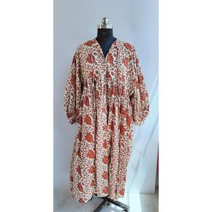 Ethnic <b>Brown</b> Floral Hand Print Cotton Midi Dress With <b>Tie</b> Neck Short Puff Sleeve Loose Fit Casual Dress For Women - Product Image 1