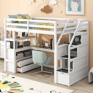 Letto a soppalco bianco singolo con scrivania e scaffali, due cassetti integrati e scala contenitore per bambini - Product Image 1