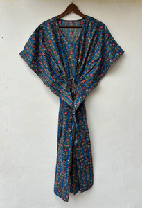 Nuevo Kaftán con Estampado Animal, Cuello en V, Cierre con Cordón, Manga Corta, Corte Ajustado, de Algodón Suave Indio, con Encaje, Largo Completo, para Mujer - Product Image 5