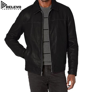 Veste en cuir véritable noire classique pour homme, col chemise zippé, vêtement d'extérieur décontracté, design intemporel du col chemise, toutes couleurs/designs - Product Image 1