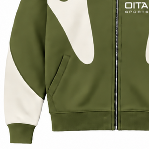 Olive Green Contrast Panel <b>Zip</b> Up <b>Hoodie</b> Men Streetwear Full Zipper Long Sleeve Casual Fleece Hooded Jacket With <b>Pockets</b> - Product Image 6