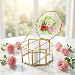 Geometric Glass Necklace Jewelry Box with Floral <b>Mirror</b> Lid Gold Frame Cosmetic Storage Organizer Decorative <b>Octagonal</b> Design - Product Image 2