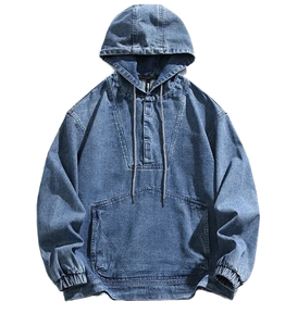 Sweat à capuche en jean pour homme, coupe ample, en coton délavé, avec cordon de serrage, décontracté, pour l'automne, avec poches et détails de surpiqûres - Product Image 1