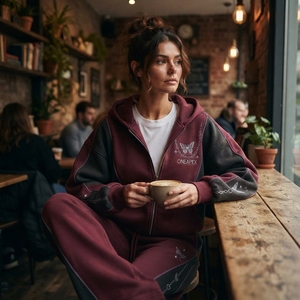 Women's Burgundy <b>Charcoal</b> Zip Hoodie Tracksuit Set Butterfly Print Color Oversized <b>Jogger</b> Pants Streetwear - Product Image 3