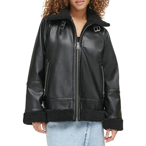 Women's <b>Black</b> Genuine Leather Shearling Jacket Moto Style Zip Up Turn Down <b>Collar</b> <b>Fur</b> Lined Winter <b>Coat</b> - Product Image 3