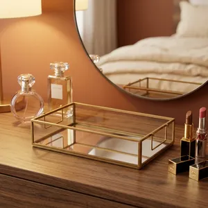Modern Luxury Lacquered Brass Glass <b>Mirror</b> Storage Tray Rectangle Design Single Tier <b>Vanity</b> Organizer for Bathroom Jewelry - Product Image 1