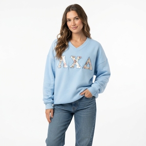 Sweat-shirt en molleton à col en V à carreaux avec lettres grecques brodées, pull d'hiver pour femme, coupe classique, anti-boulochage, tricoté - Product Image 6