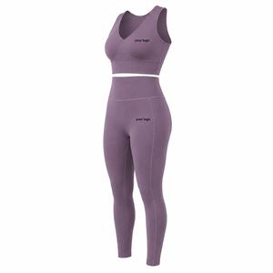 Women Plus Size Solid Purple Scoop Neck Racerback Sports Bra 2 Piece for Yoga Set Mid Waist Sleeveless Full Length Leggings - Product Image 2